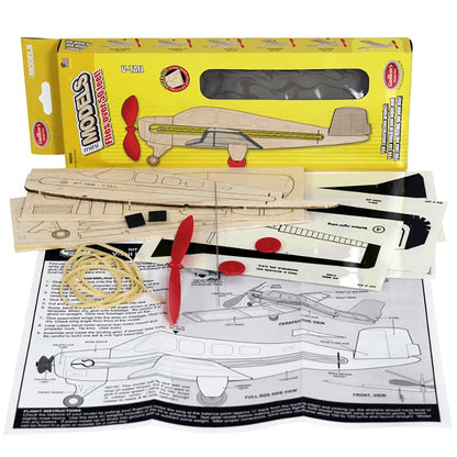 Build-N-Fly Mini V-Tail Model Kit with wooden pieces, red propeller, and assembly instructions