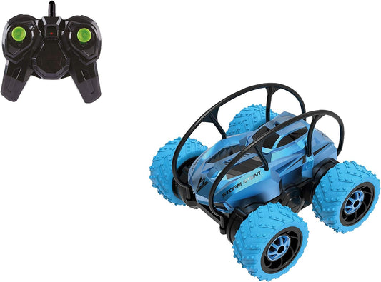 Blue remote control stunt vehicle with four large textured wheels and black roll cage, shown with black controller featuring green joysticks