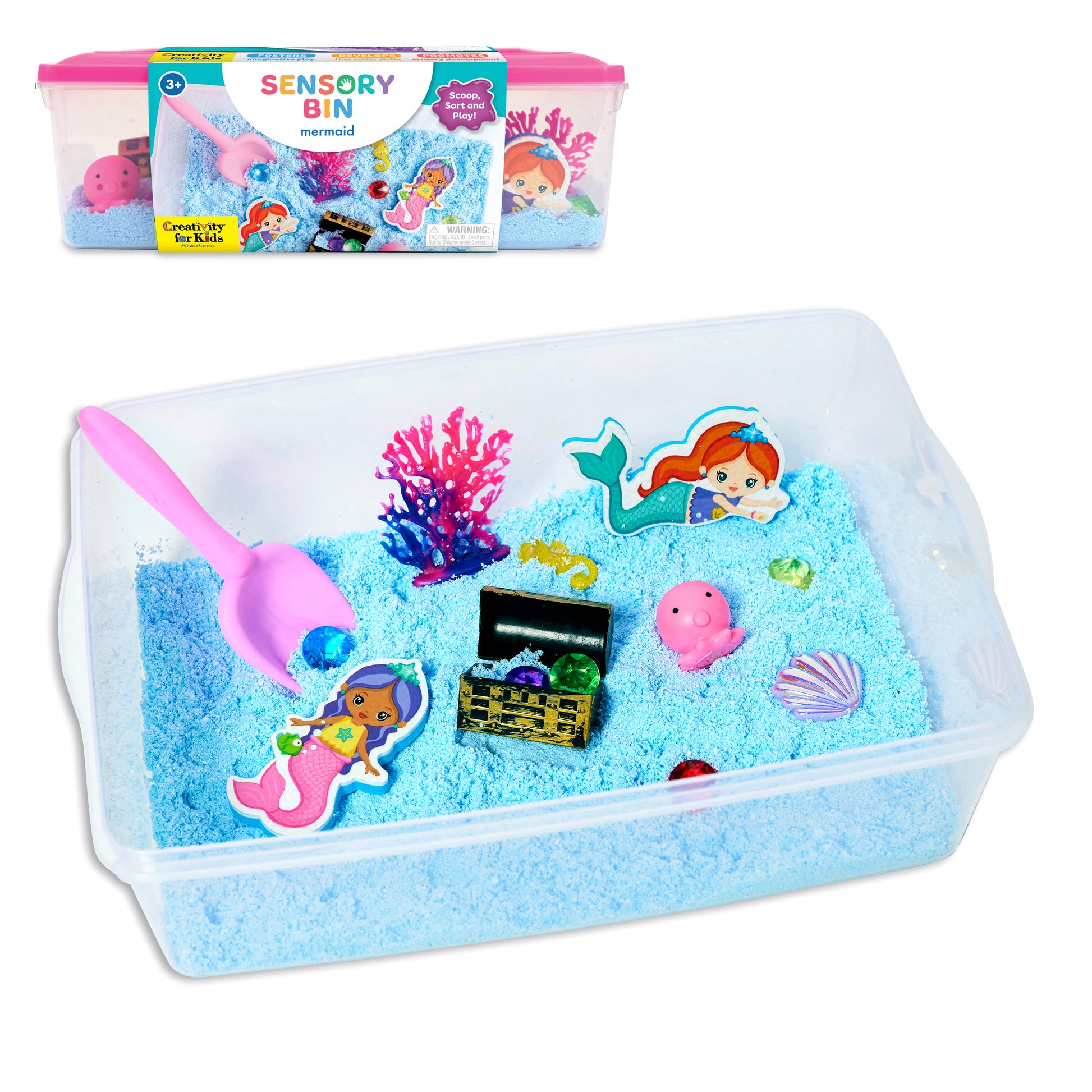 Sensory Bin mermaid adventure set with blue kinetic sand, pink scoop, mermaid figurines, coral, treasure chest, and sea creature pieces in clear plastic contain