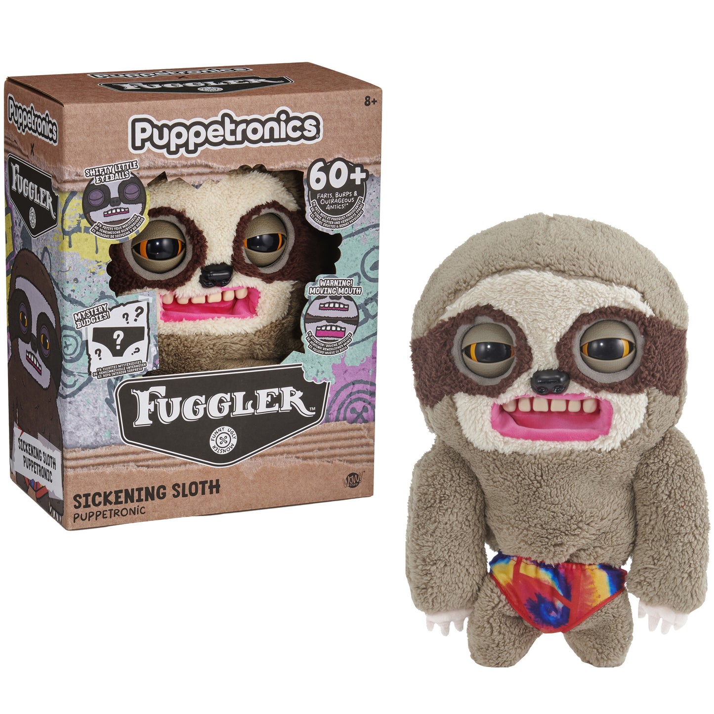 Fugglers Sickening Sloth Puppetronic plush toy with pink mouth and moving eyes