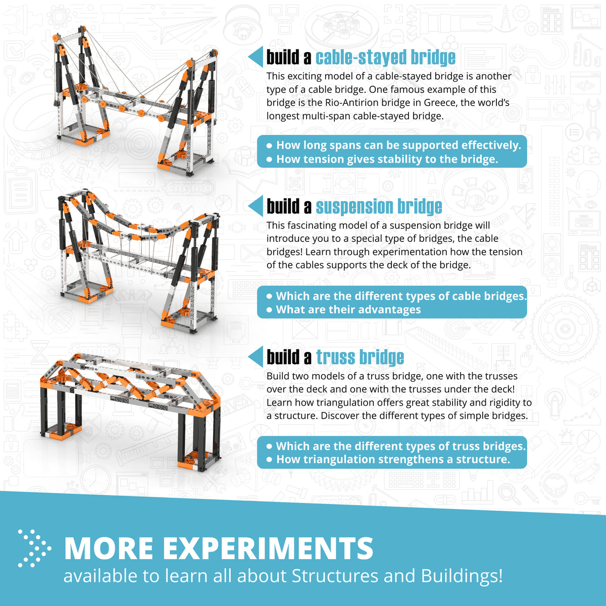 Engino STEM Architecture building set with cable-stayed, suspension, and truss bridge models in orange and black
