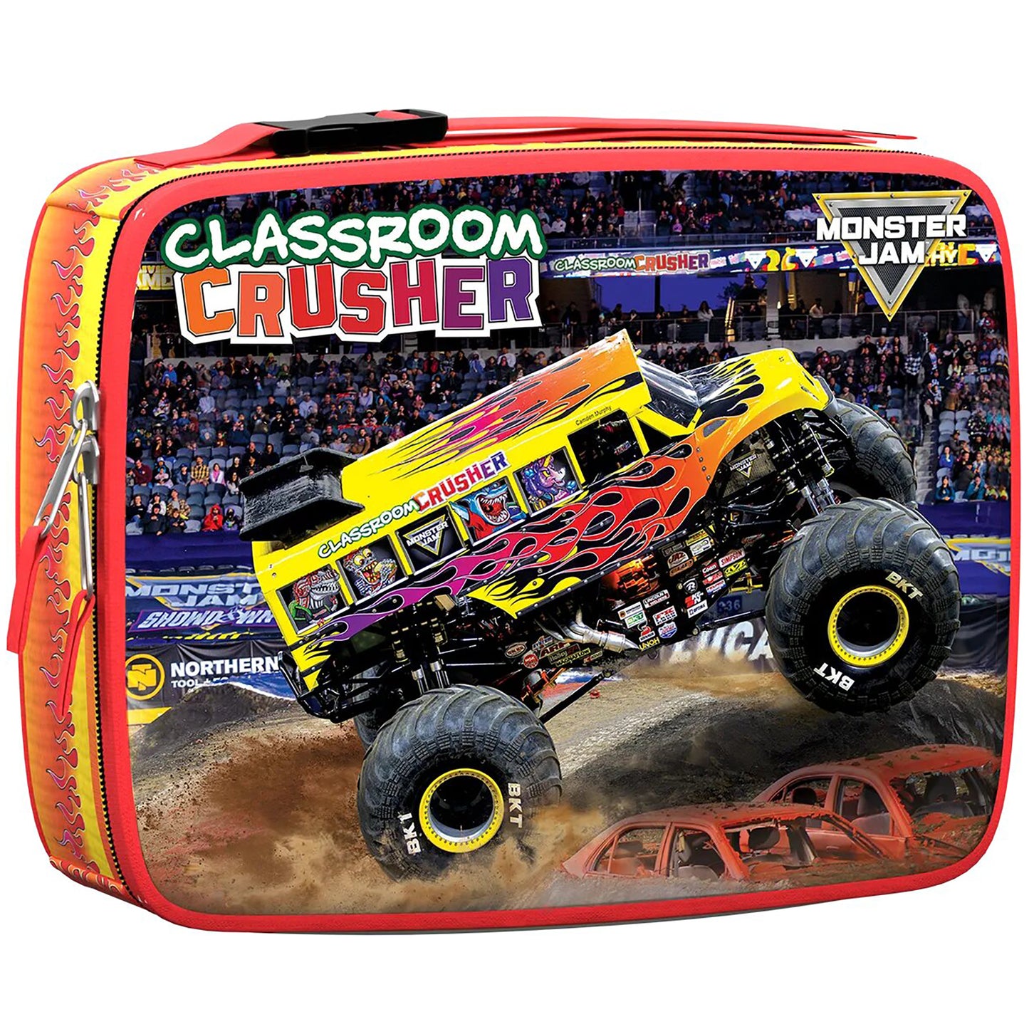 Monster Jam Classroom Crusher red lunch bag with yellow monster truck graphic