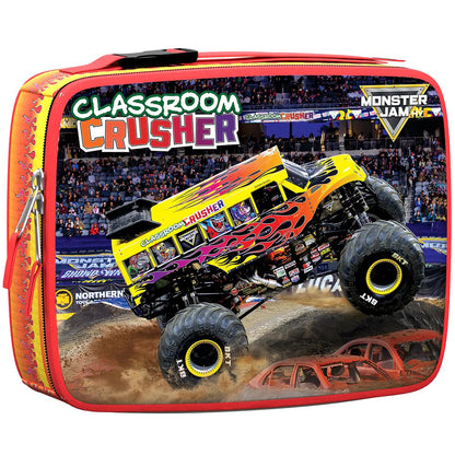 Monster Jam Classroom Crusher red lunch bag with yellow monster truck graphic