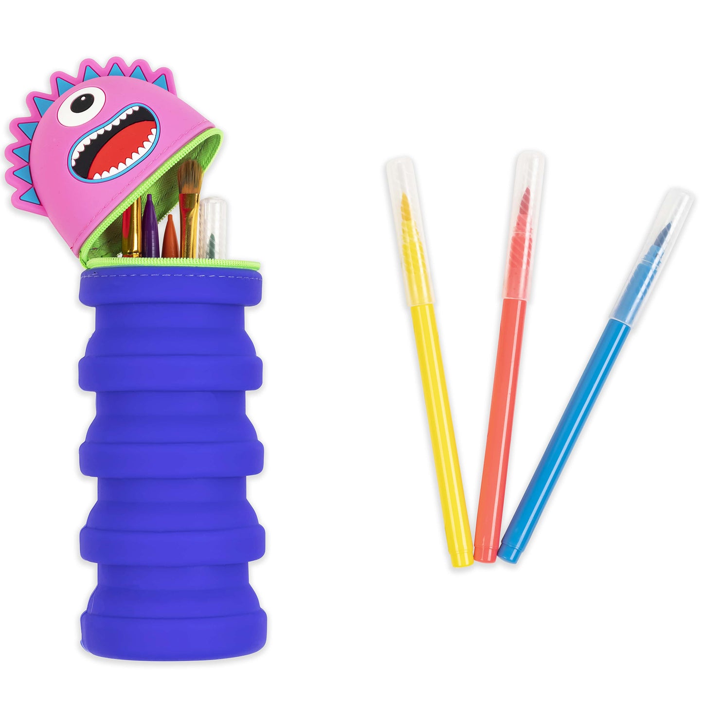Retractable Pencil Case Monster Pink with blue base and included yellow, red, blue pens