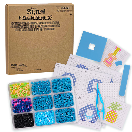 Disney Stitch Pixel Creations set with brown box, compartmentalized bead organizer in multiple colors, perforated pegboards, printed design sheets, blue tweezer