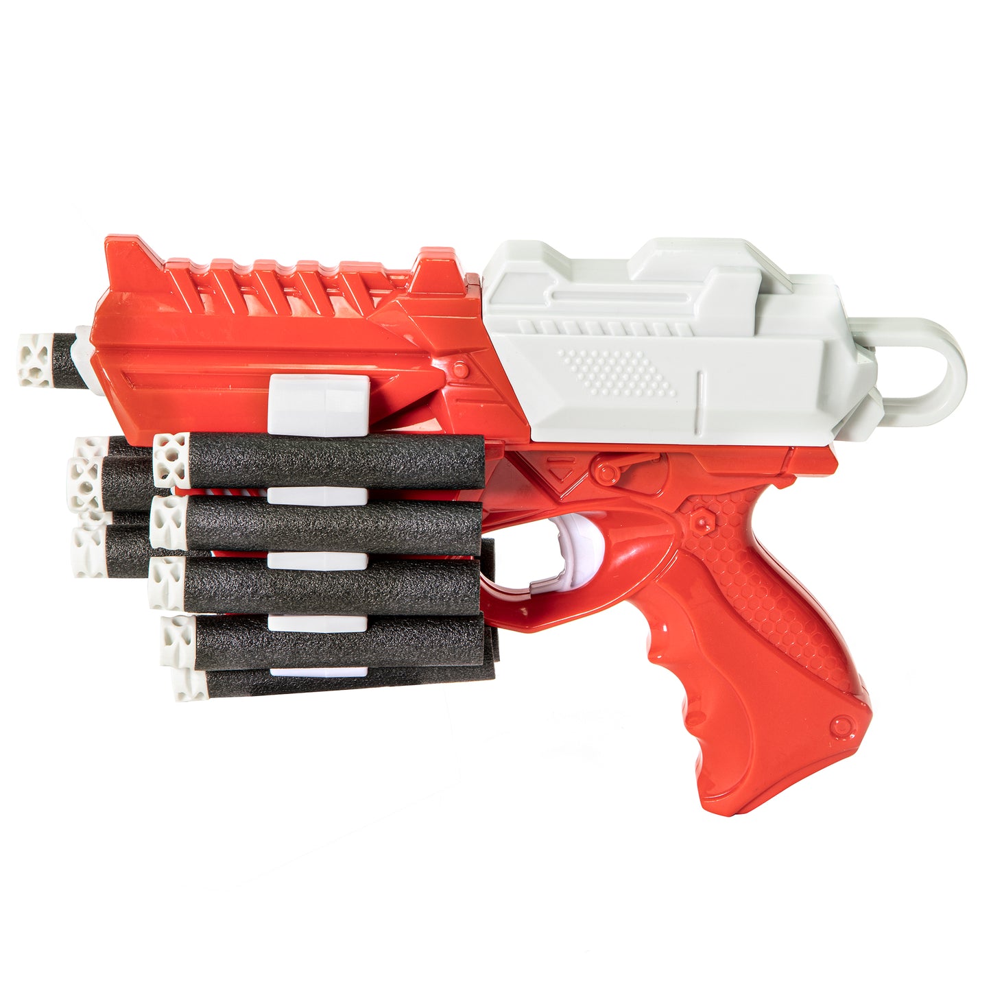 Retro Arcade Electronic Duck Shooting Gallery toy gun with red body and foam dart ammunition
