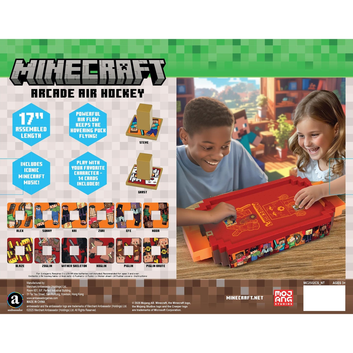 Minecraft Arcade Air Hockey game in red with Steve and Ghast character cards included