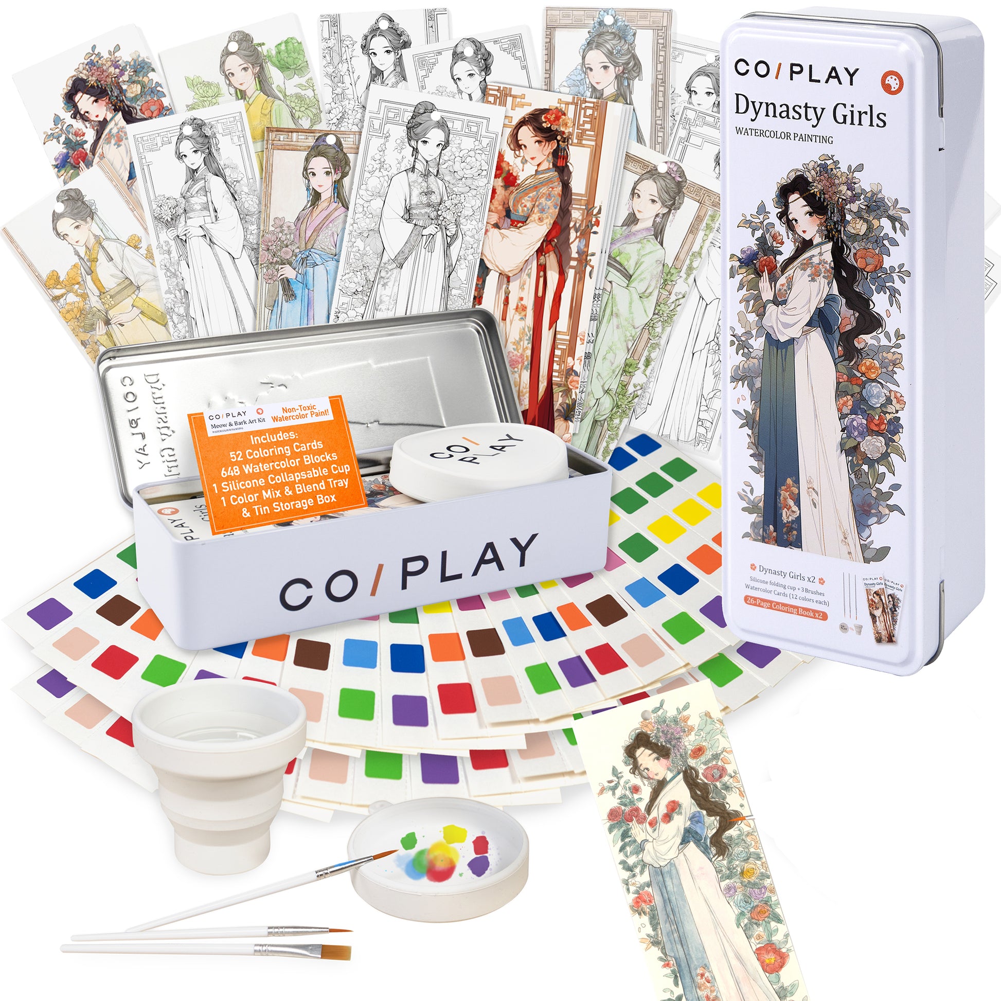 COIPLAY Dynasty Girls Watercolor Art Kit with 52 coloring cards, 648 watercolor paints, brushes, and storage tin