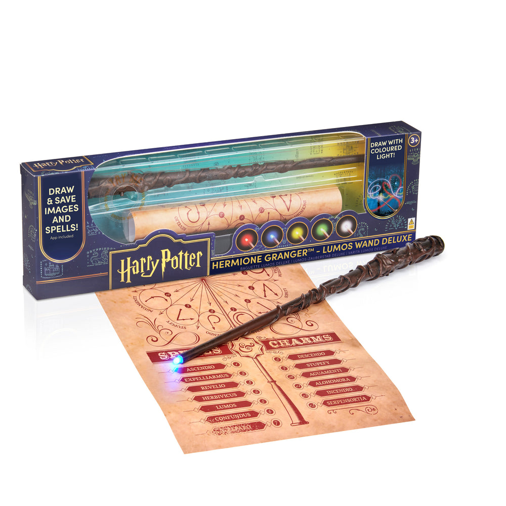 Harry Potter Hermione Granger Lumos Wand Deluxe set with brown wand, interactive drawing scroll, and spell chart with colored light effects
