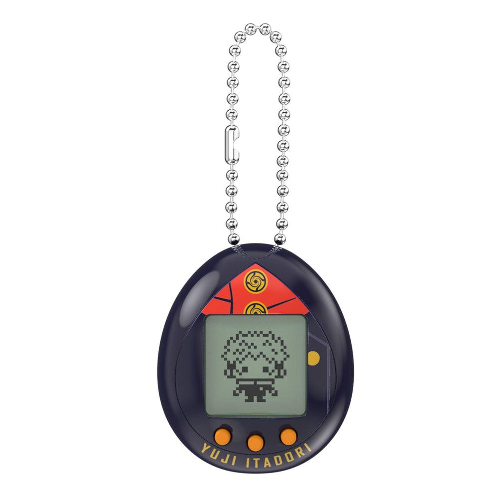 Tamagotchi Nano Jujutsu Kaisen Itadori Edition virtual pet keychain with dark navy oval body, red hood design, pixelated character on LCD screen, three orange b