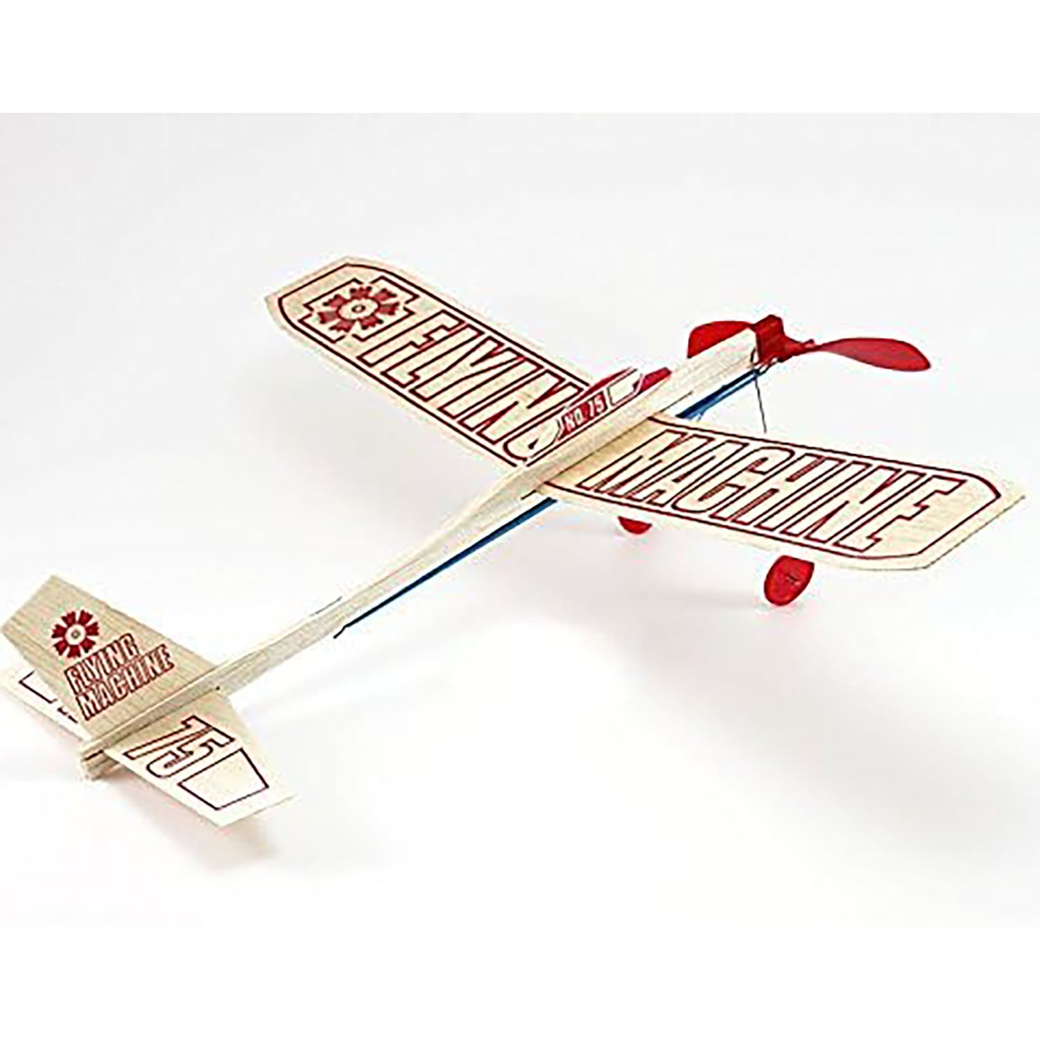 Balsa Wood Flying Machine Kit with red and blue details, assembled model plane
