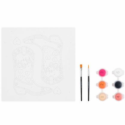 Mini Paint By Number Cowgirl Boot kit with brushes and colorful paint pots