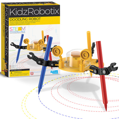 KidzRobotix Doodling Robot with yellow body, black arms, and colored markers drawing patterns
