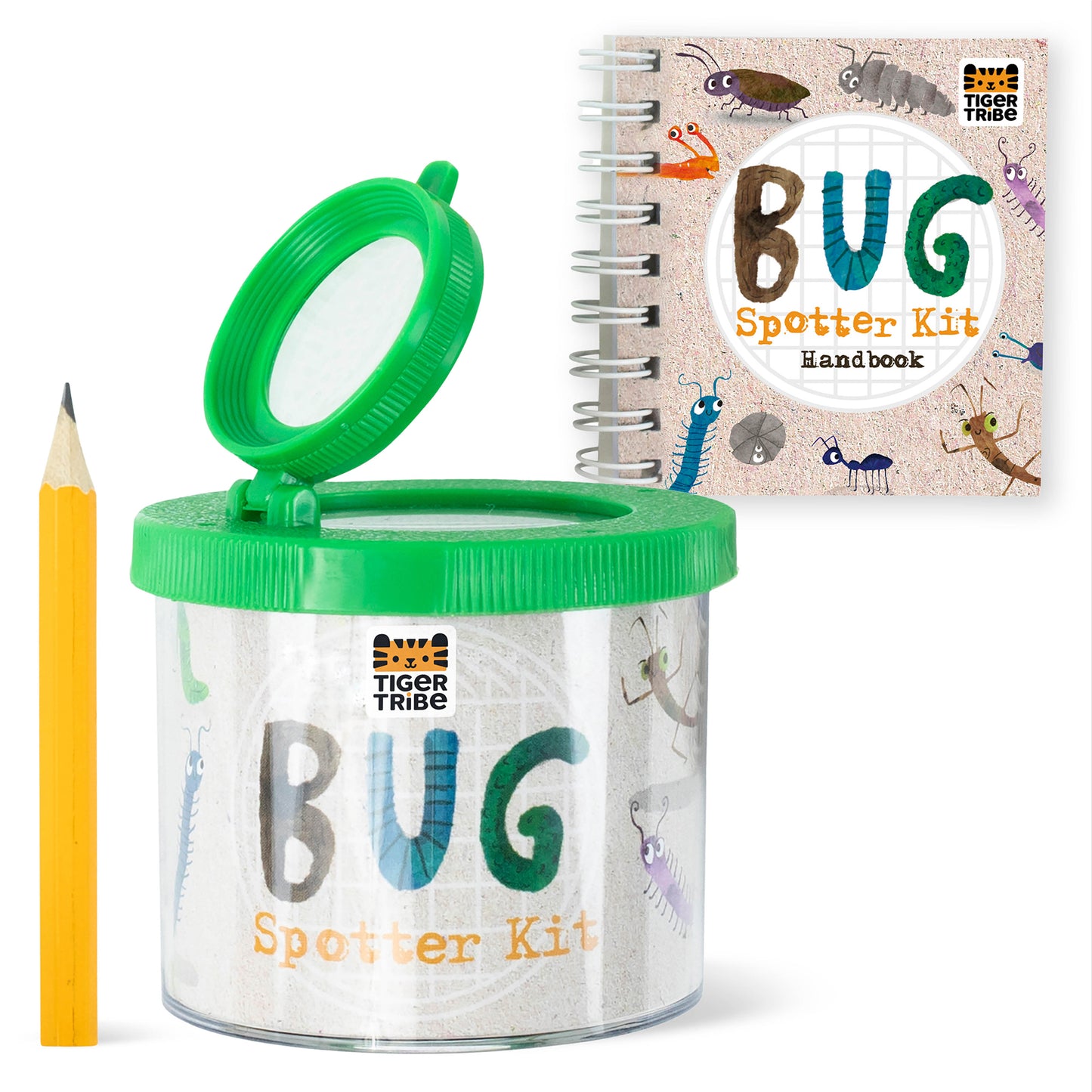 Bug Spotter Kit with green magnifying lid container, yellow pencil, and spiral-bound handbook featuring colorful insect illustrations