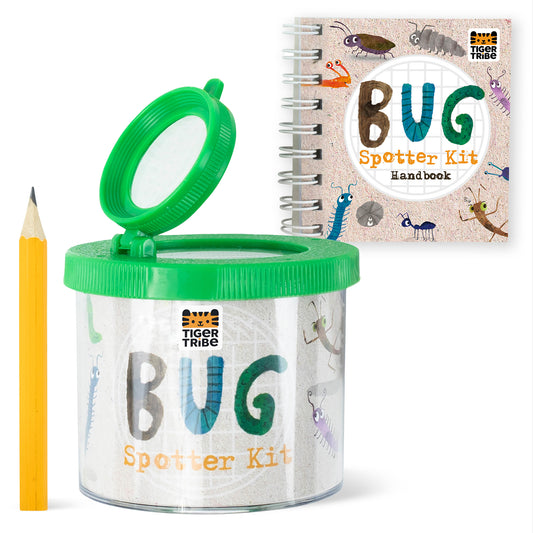Bug Spotter Kit with green magnifying lid container, yellow pencil, and spiral-bound handbook featuring colorful insect illustrations