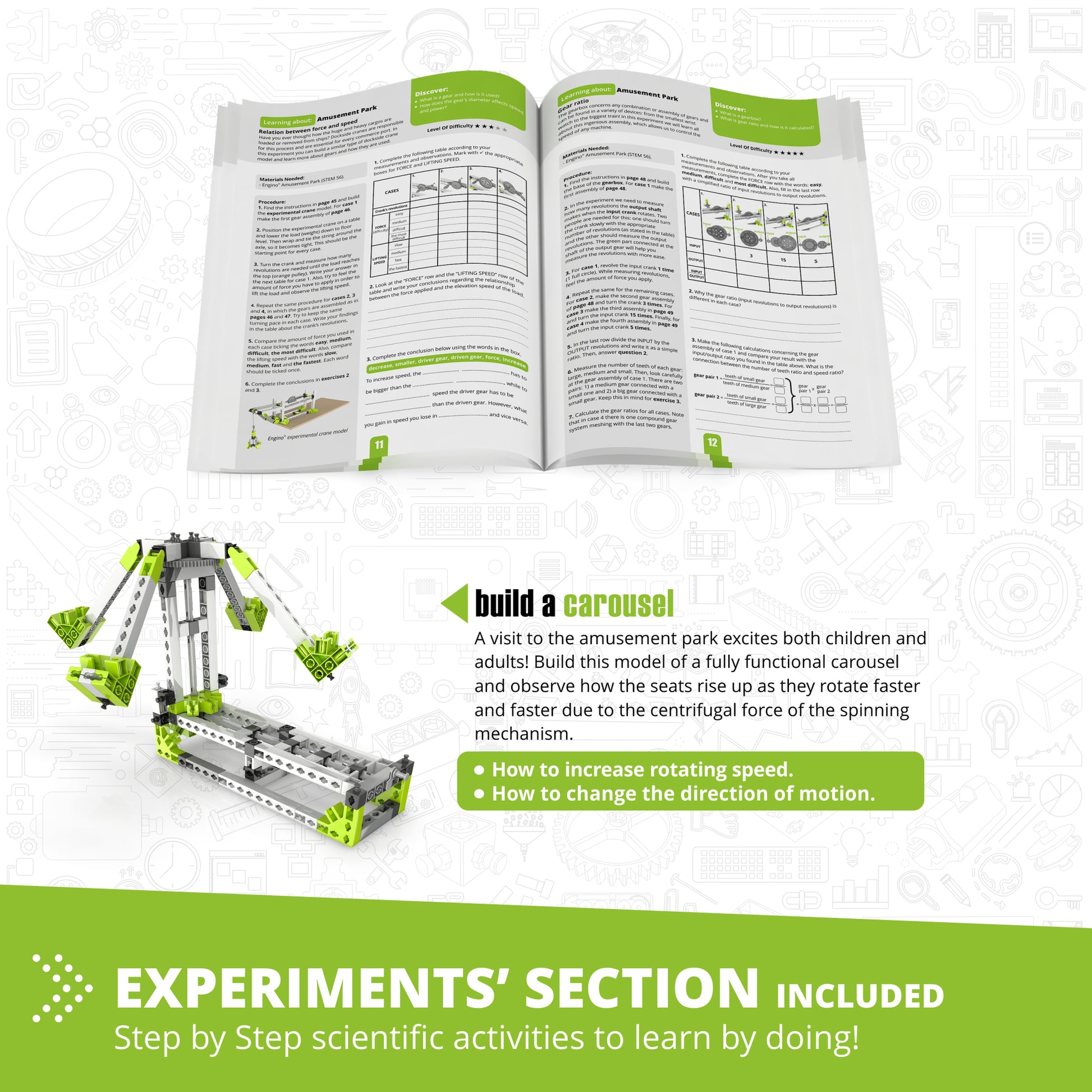 Engino Discovering STEM Amusement Park building set with motorized carousel model in green and gray