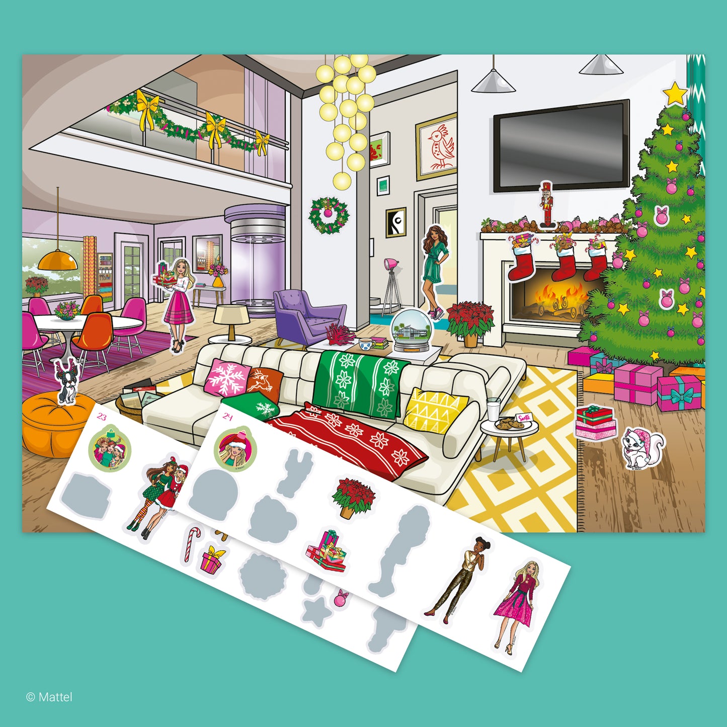 Barbie Sticker Book Advent Calendar with 24 doors, colorful holiday scene with decorations