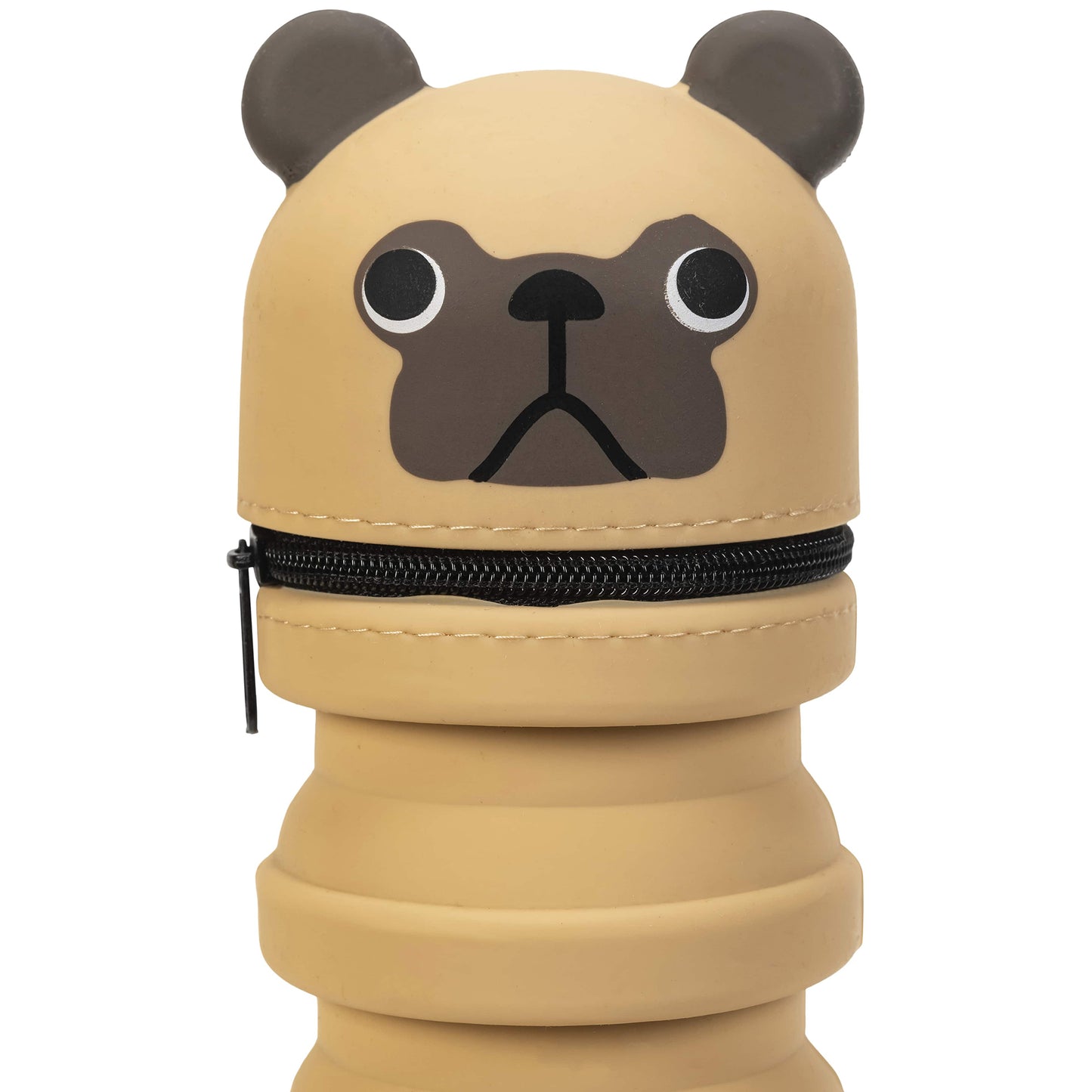 Retractable Pencil Case Pug with tan and brown design and black zipper