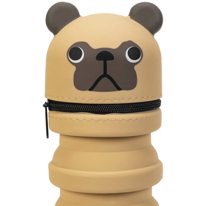 Retractable Pencil Case Pug with tan and brown design and black zipper