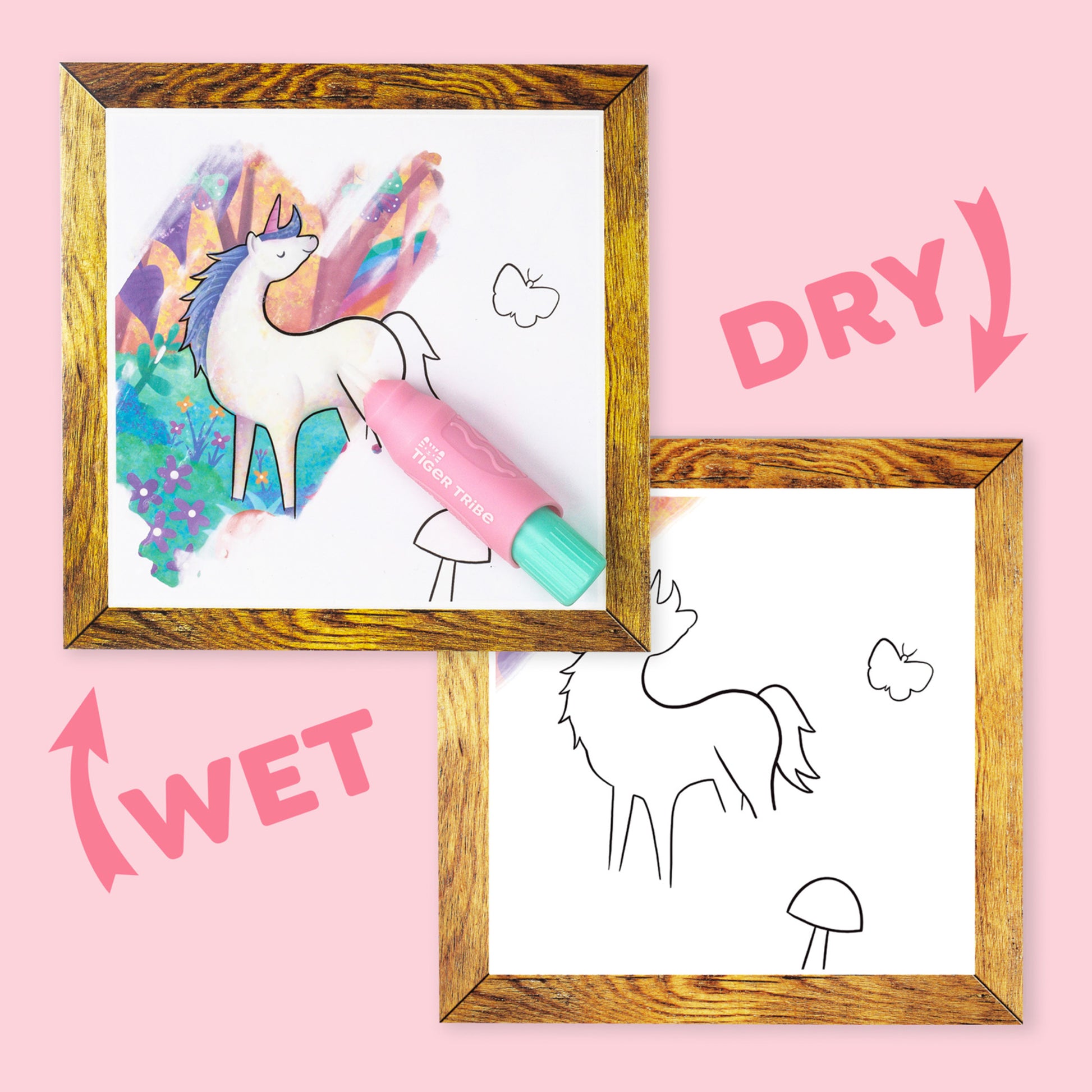 Tiger Tribe Magic Water Painting unicorn set with colorful reusable cards and pink brush pen