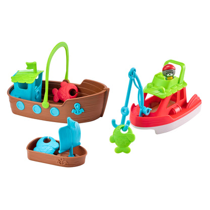 Timber Tots Nesting Boats playset with brown, blue, and red boat-shaped containers, green handles, blue fishing rod and net, and a character figure wearing a re