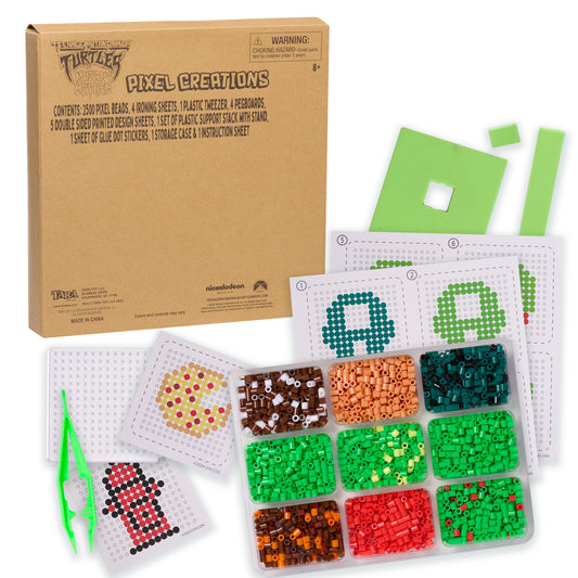Teenage Mutant Ninja Turtles Pixel Creations bead set with 2500 pixel beads, ironing sheets, design templates, tweezers, pegboards, and accessories displayed wi