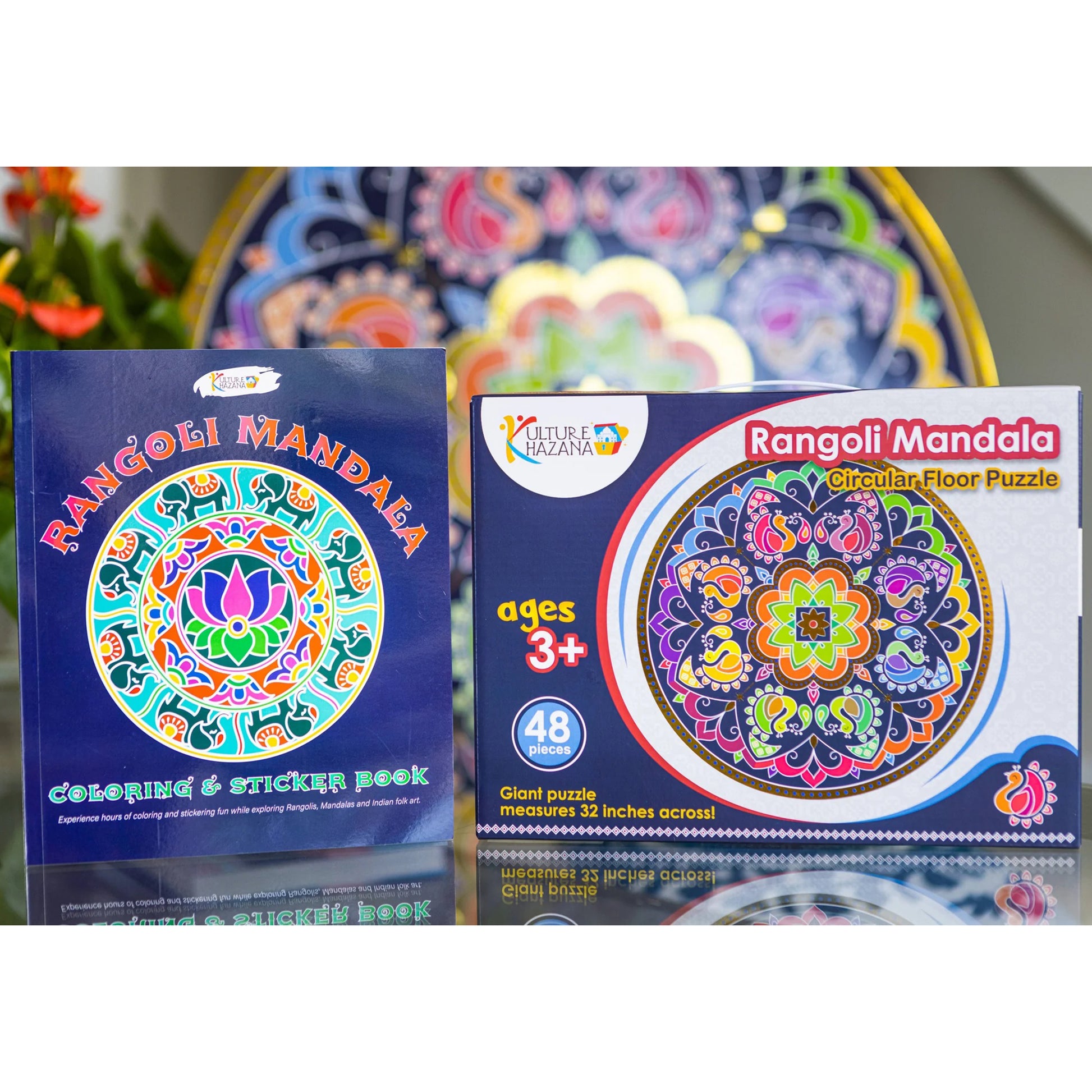 Rangoli Mandala Activity Bundle with 48-piece circular floor puzzle and coloring sticker book featuring vibrant multi...