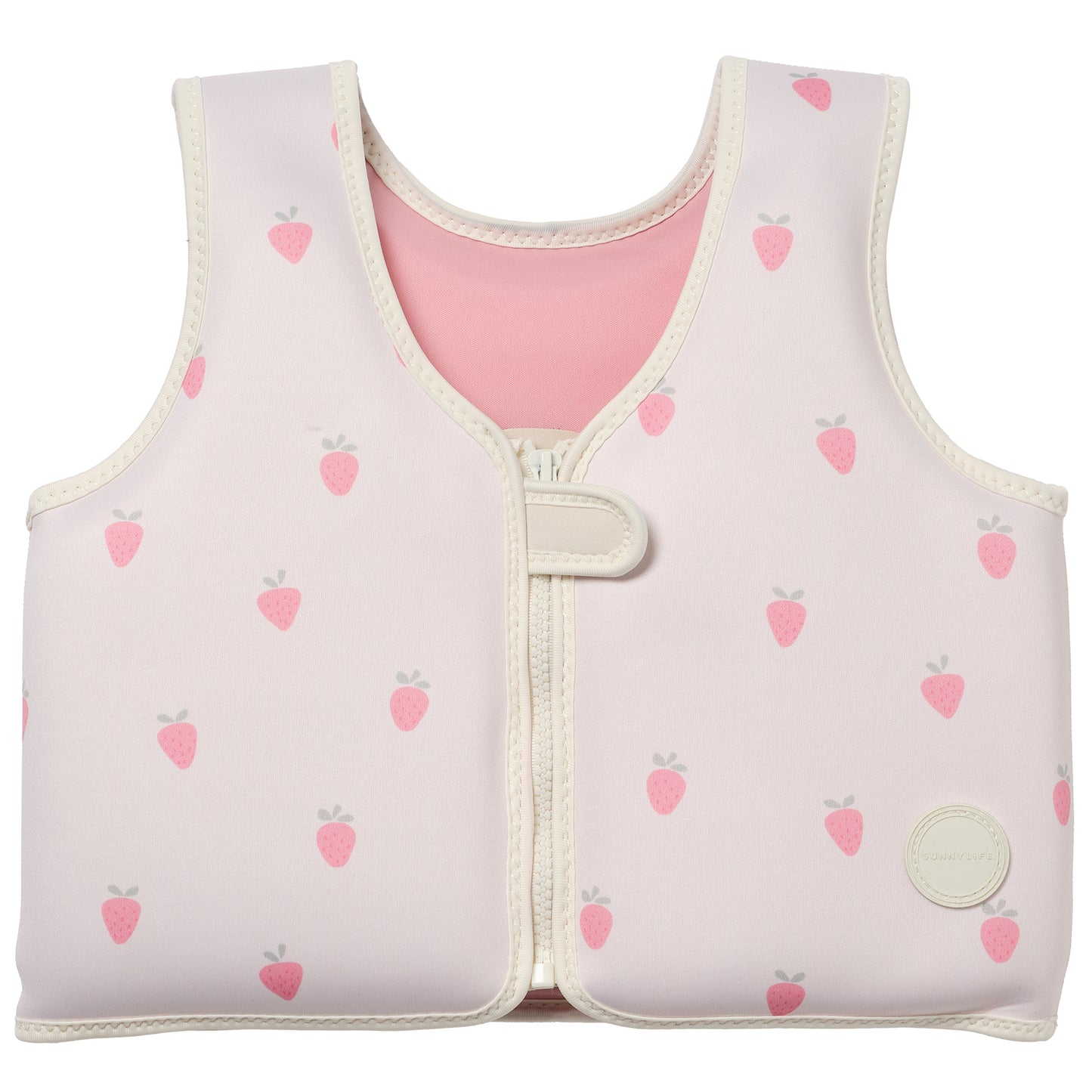 Kids Swim Vest 3-6 Strawberry Sunshine with pink strawberry pattern and front zip closure