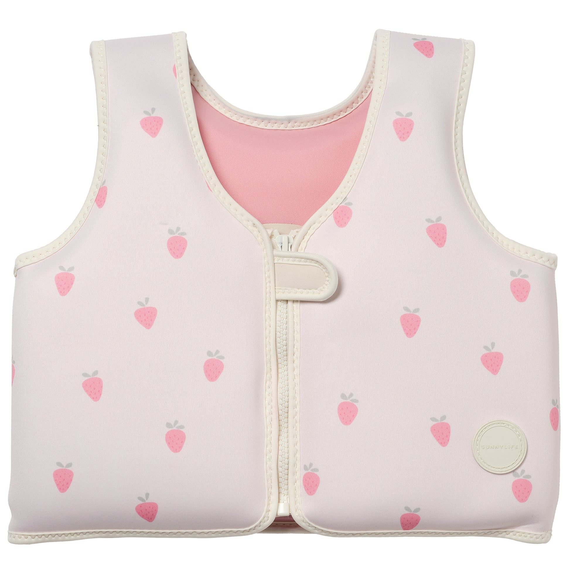 Kids Swim Vest 3-6 Strawberry Sunshine with pink strawberry pattern and front zip closure