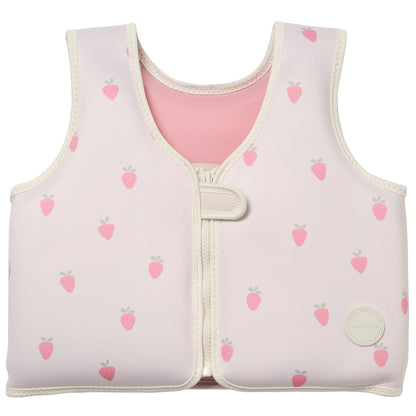Kids Swim Vest 3-6 Strawberry Sunshine with pink strawberry pattern and front zip closure