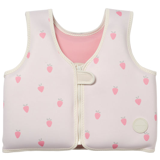 Kids Swim Vest 3-6 Strawberry Sunshine with pink strawberry pattern and front zip closure