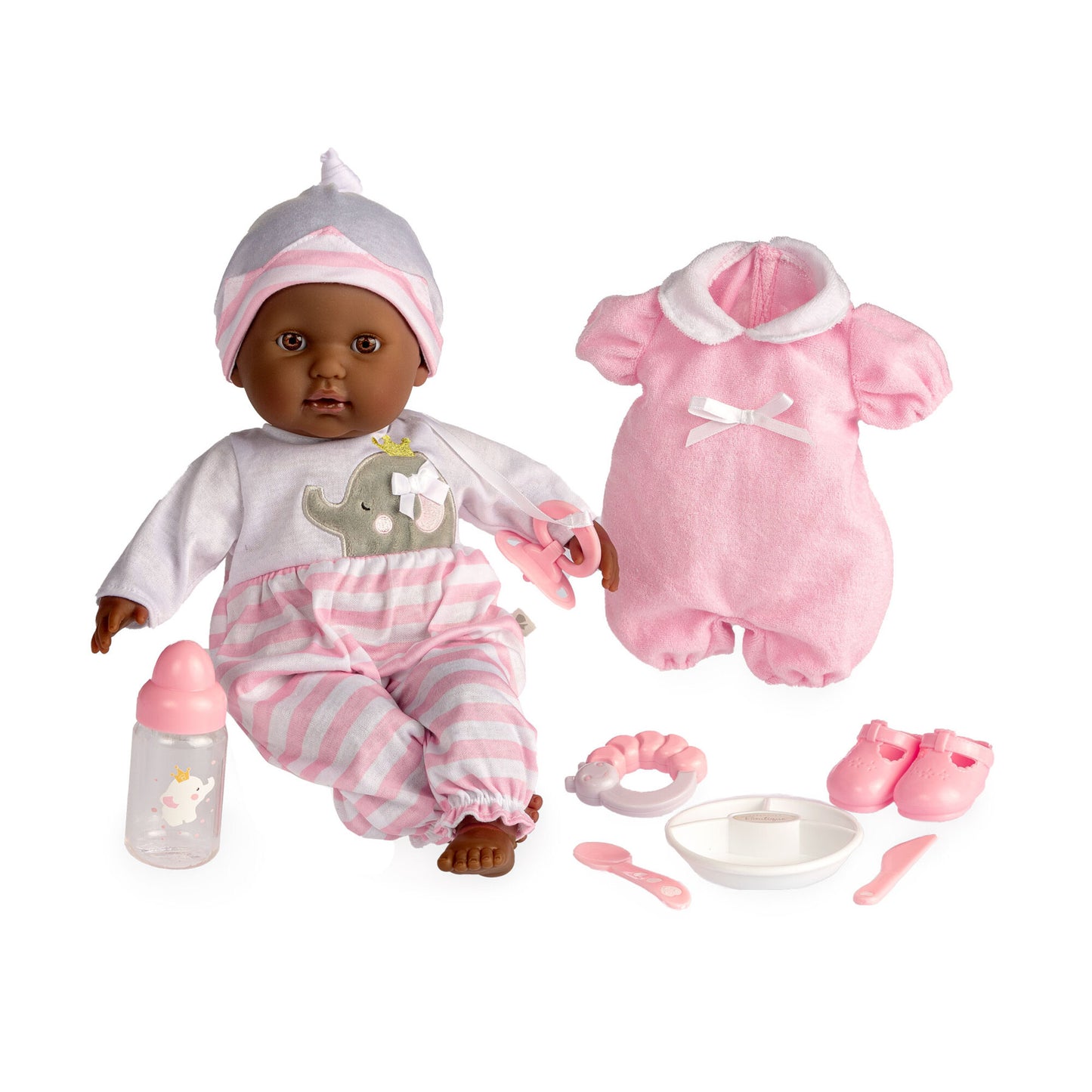 JC Toys Nonis Boutique 15" African American baby doll with pink outfit, hat, and 10-piece accessory set
