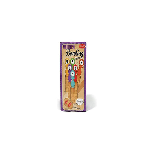 Wooden Bowling Game box with purple cardboard packaging, wooden bowling pin with turquoise base, and numbered colored ball targets 1-6