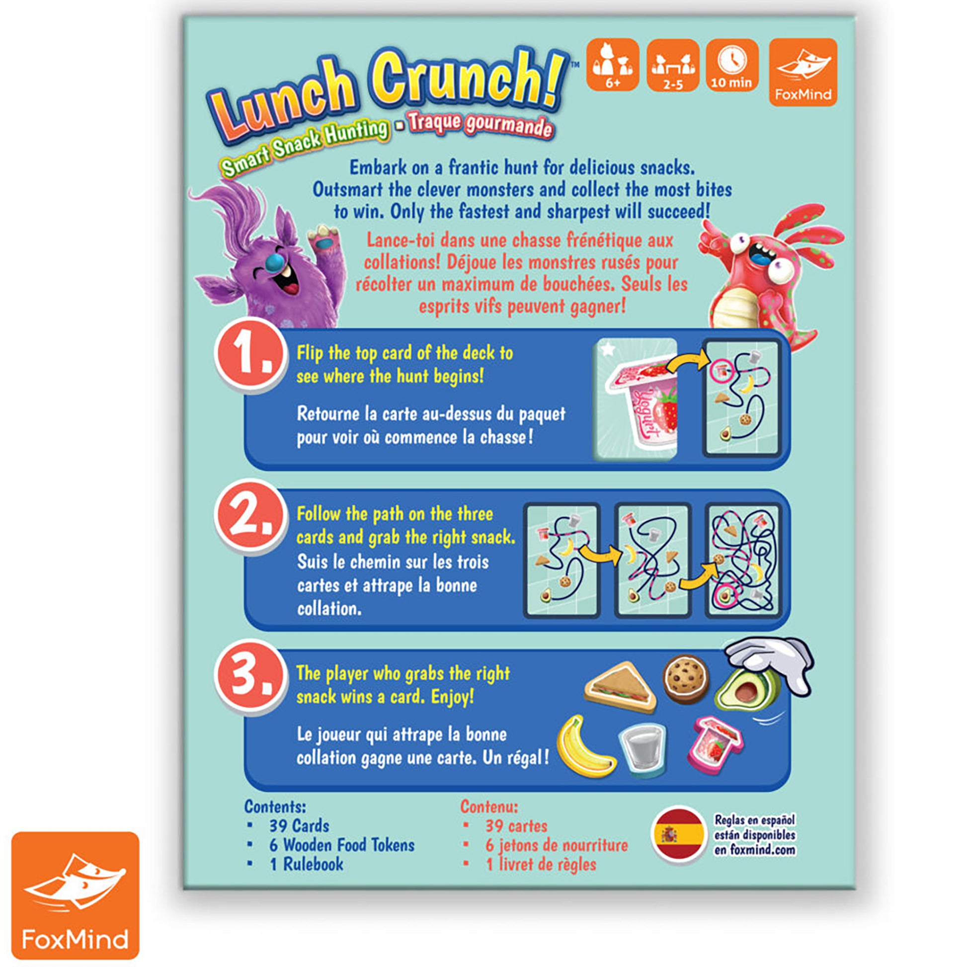 Lunch Crunch card game box by FoxMind featuring colorful monsters and snack-themed gameplay for 2-5 players