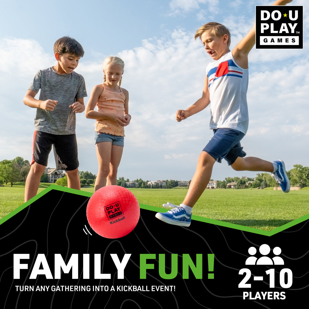Do-U-Play Kickball Kit red ball with kids playing outdoors, 2-10 players