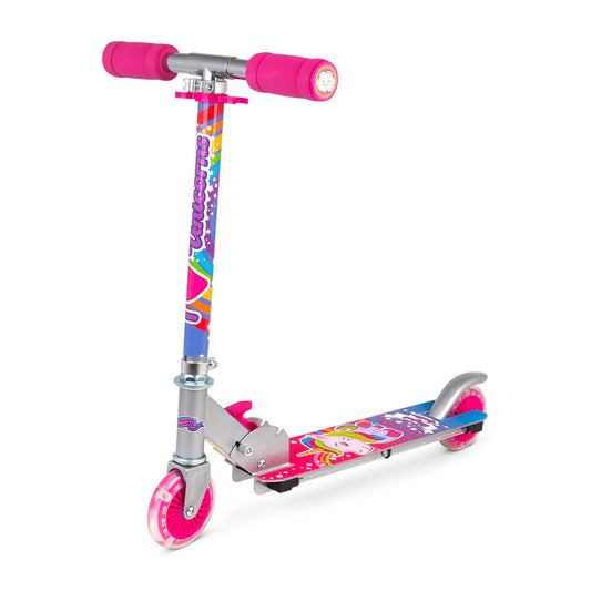 Pink and multicolor scooter with light-up wheels and handlebar grips, featuring colorful graphics on the deck and stem