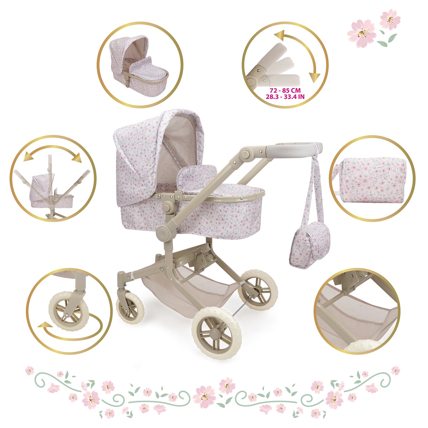 509 Crew Little Flora 2-in-1 pink doll pram with folding stroller and accessories