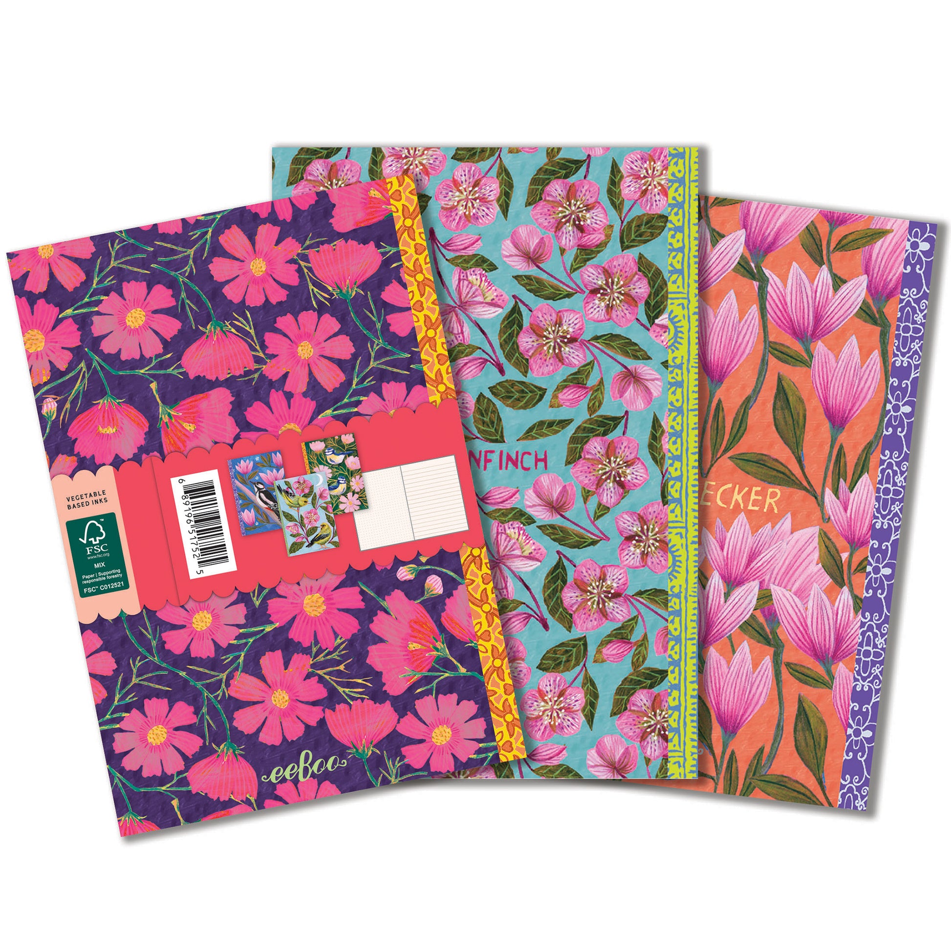 Piece & Love Little Books Set featuring three colorful floral notebooks with pink flowers on navy, turquoise, and ora...