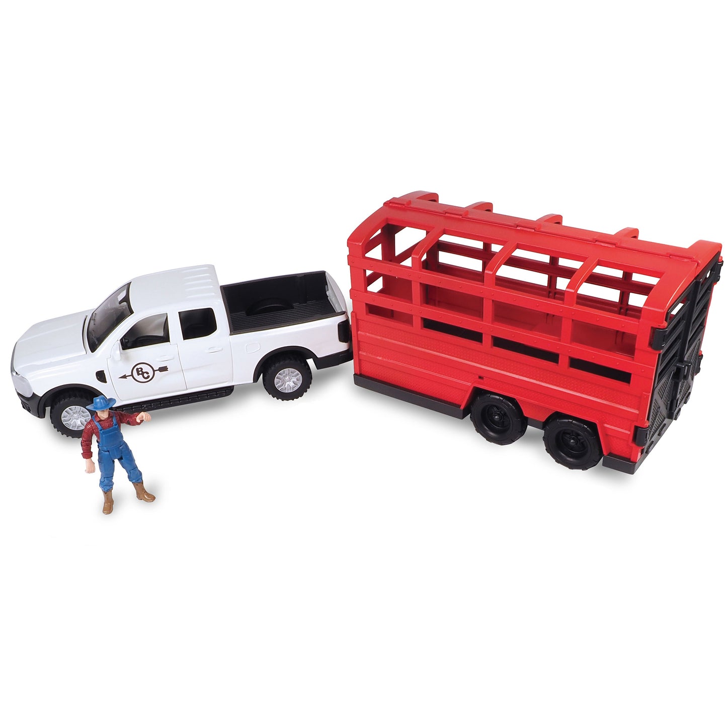 Trailer Playset Truck & Cattle 18pc - White pickup truck with red cattle trailer and figure