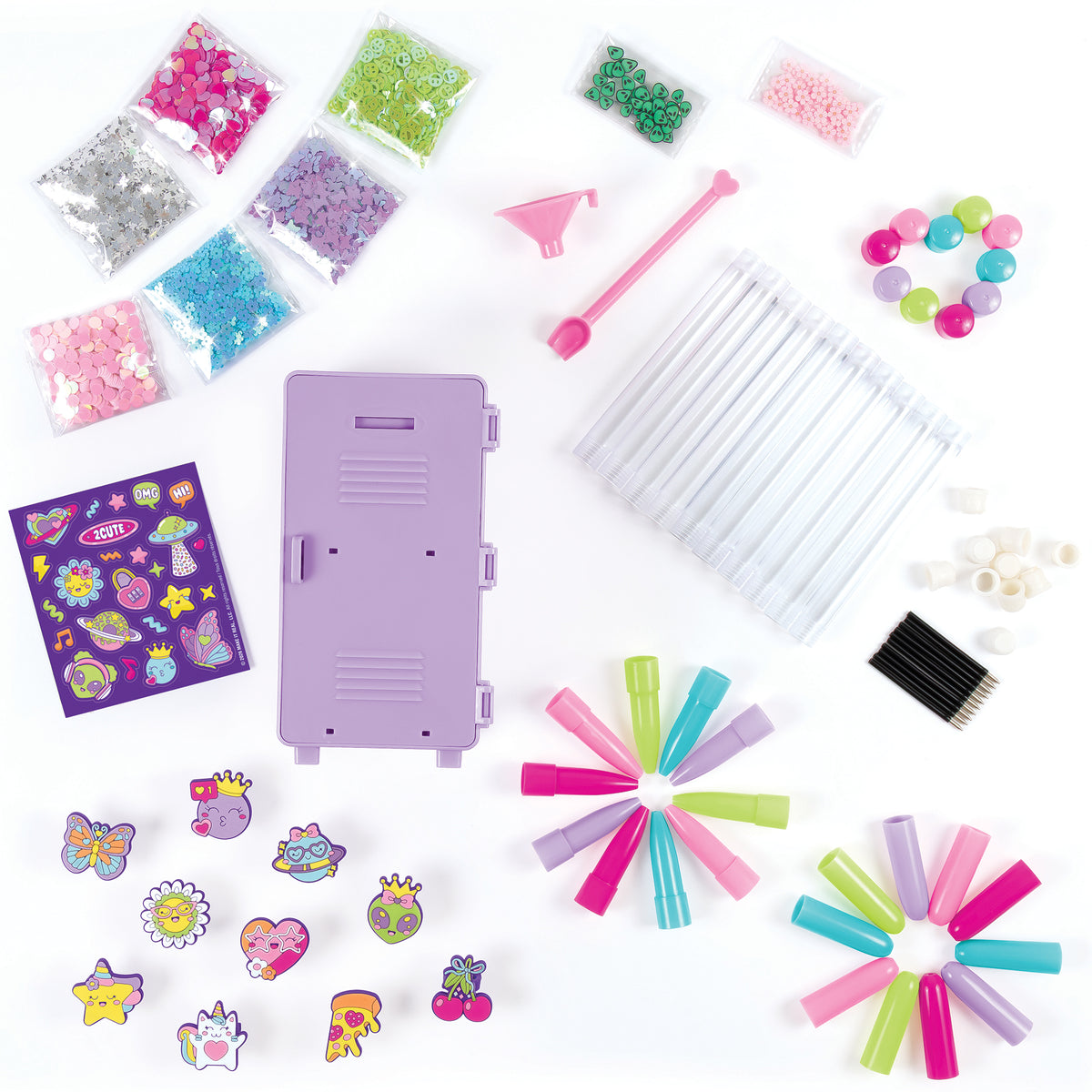 Make It Real Write in Style Pen Creation Station with purple locker, colorful markers, beads, and craft supplies