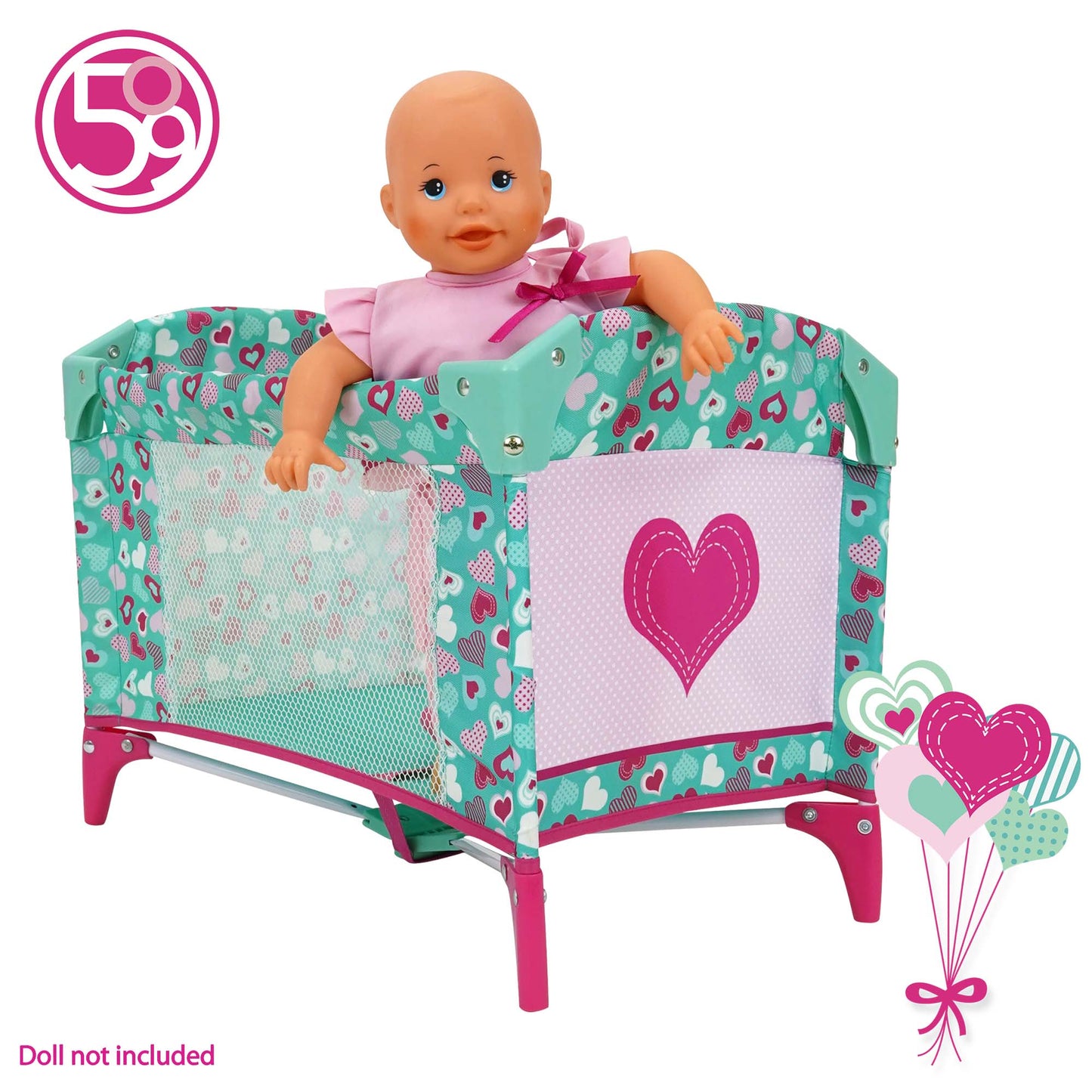 509 Crew Mint Heart Dream n' Fun Doll Play Yard with turquoise and pink heart pattern