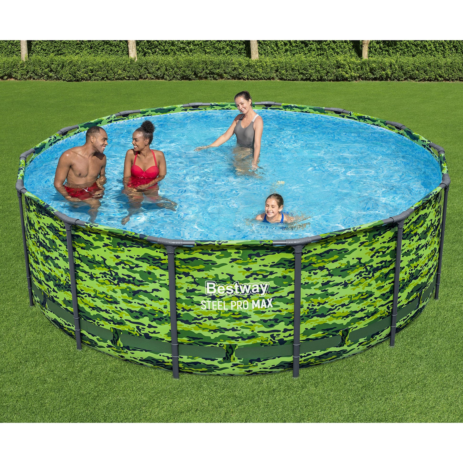 Bestway Steel Pro MAX 14' Camo Pool Set with family swimming