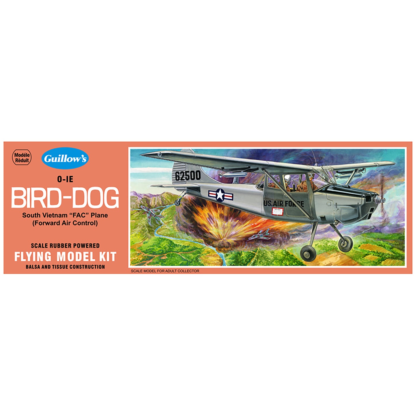 Guillow's O-1E Bird Dog rubber-powered balsa wood flying model kit with vintage military aircraft design