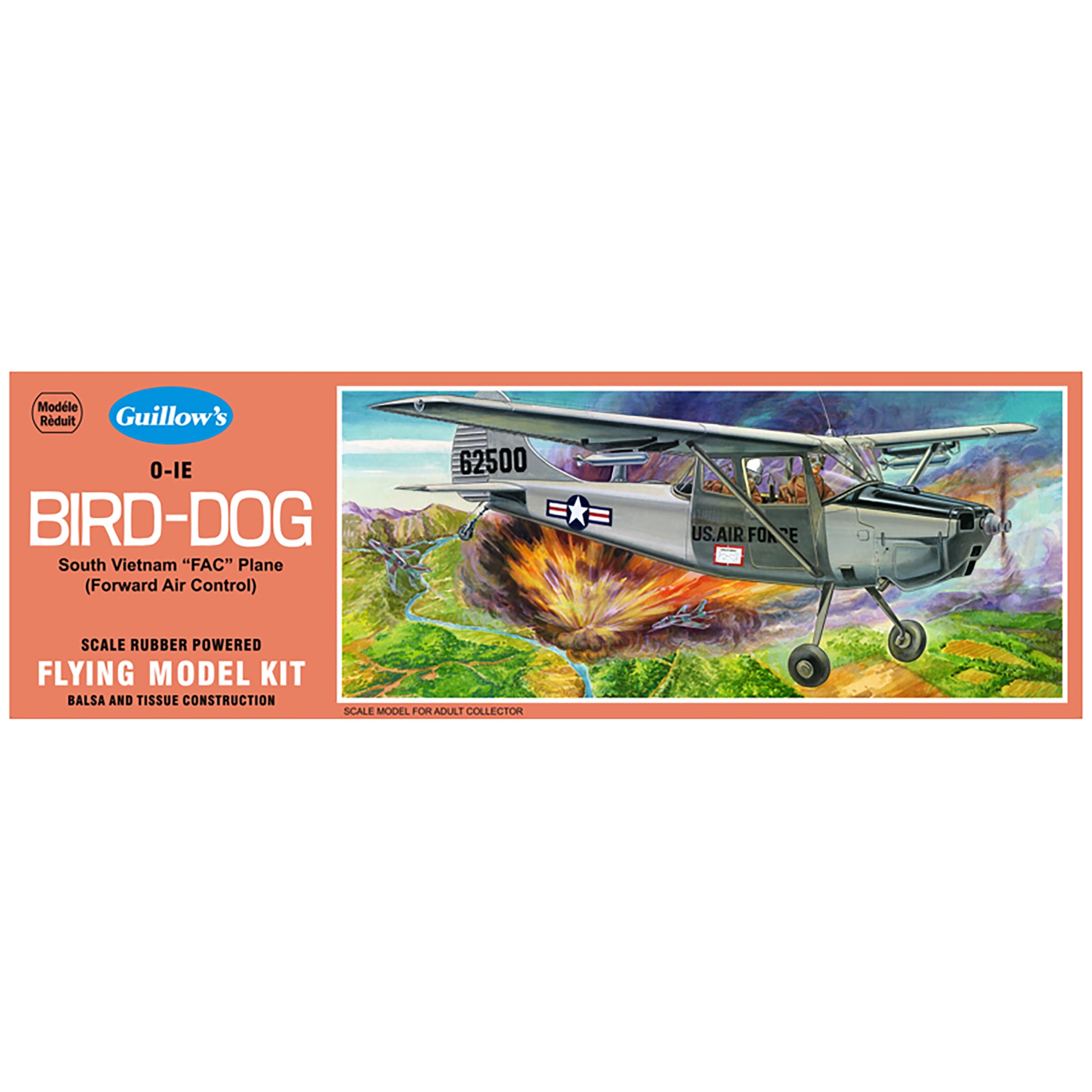 Guillow's O-1E Bird Dog rubber-powered balsa wood flying model kit with vintage military aircraft design