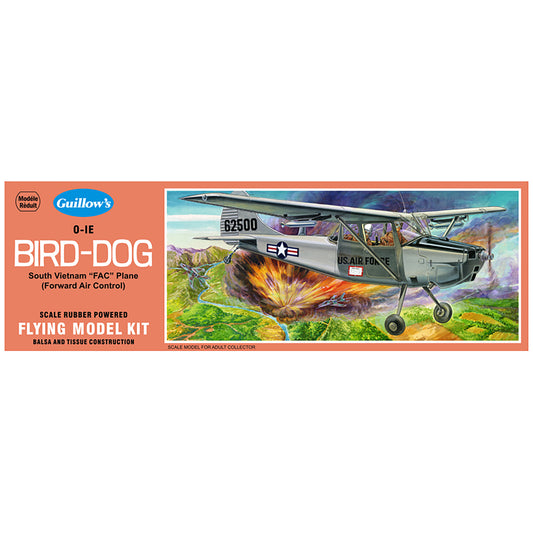 Guillow's O-1E Bird Dog rubber-powered balsa wood flying model kit with vintage military aircraft design