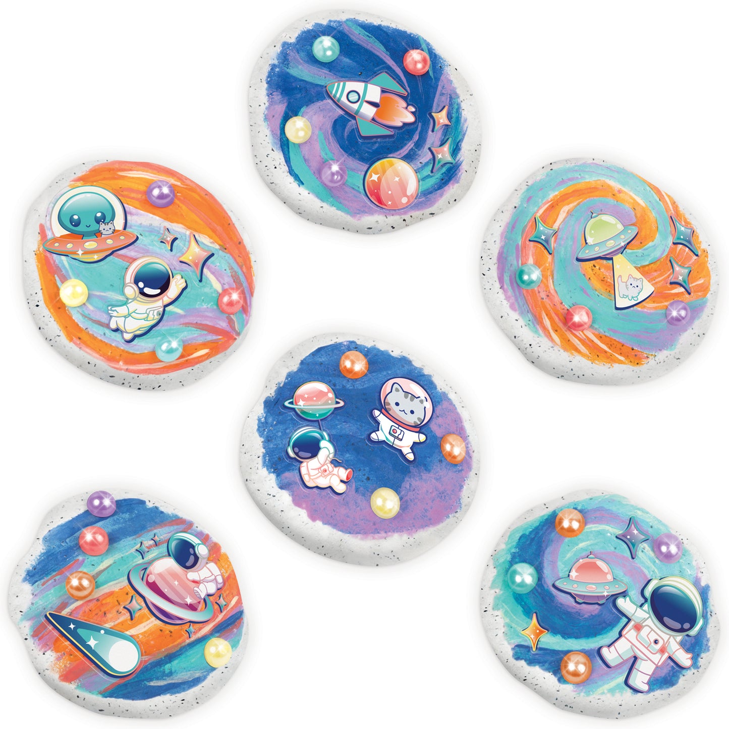 Rock Dough Cosmic Creations set with 6 colorful space-themed painted rocks featuring astronauts, planets, and rockets