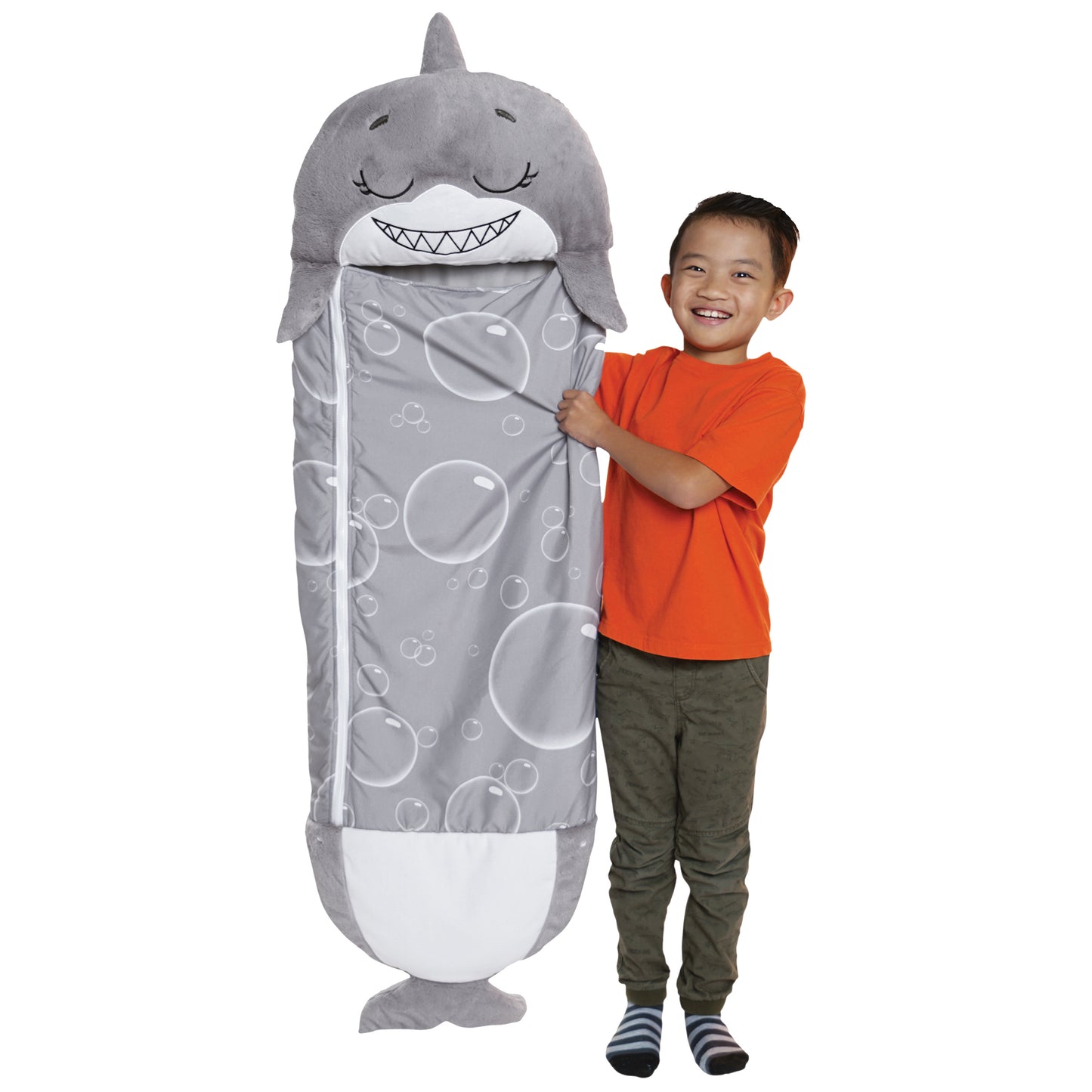 Happy Nappers Grey Shark pillow and sleepy sack with child