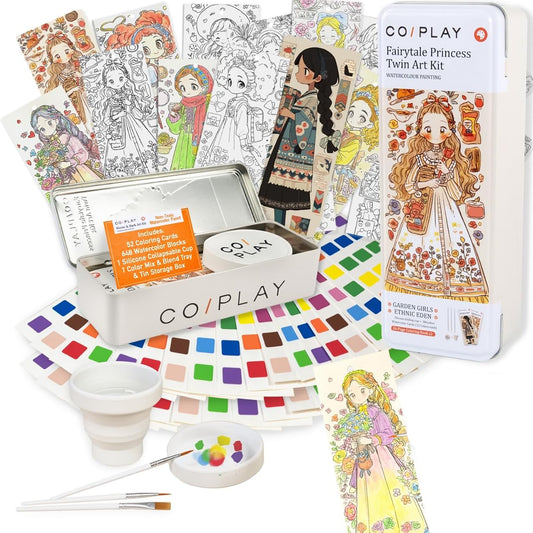 COIPLAY Fairytale Princess Watercolor Art Kit with coloring cards, paints, brushes and accessories