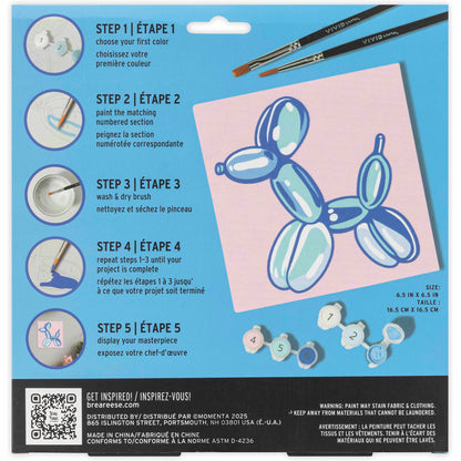 Mini Paint By Number Balloon Dog kit with blue balloon dog design, two brushes, and numbered paint pots