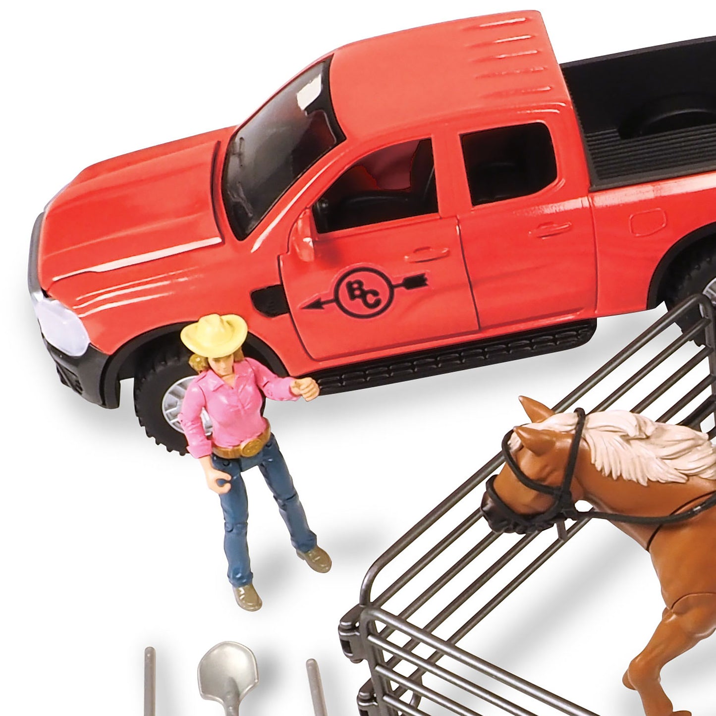 Trailer Playset Truck & Horse 24pc with red pickup truck, cowgirl figure, and brown horse